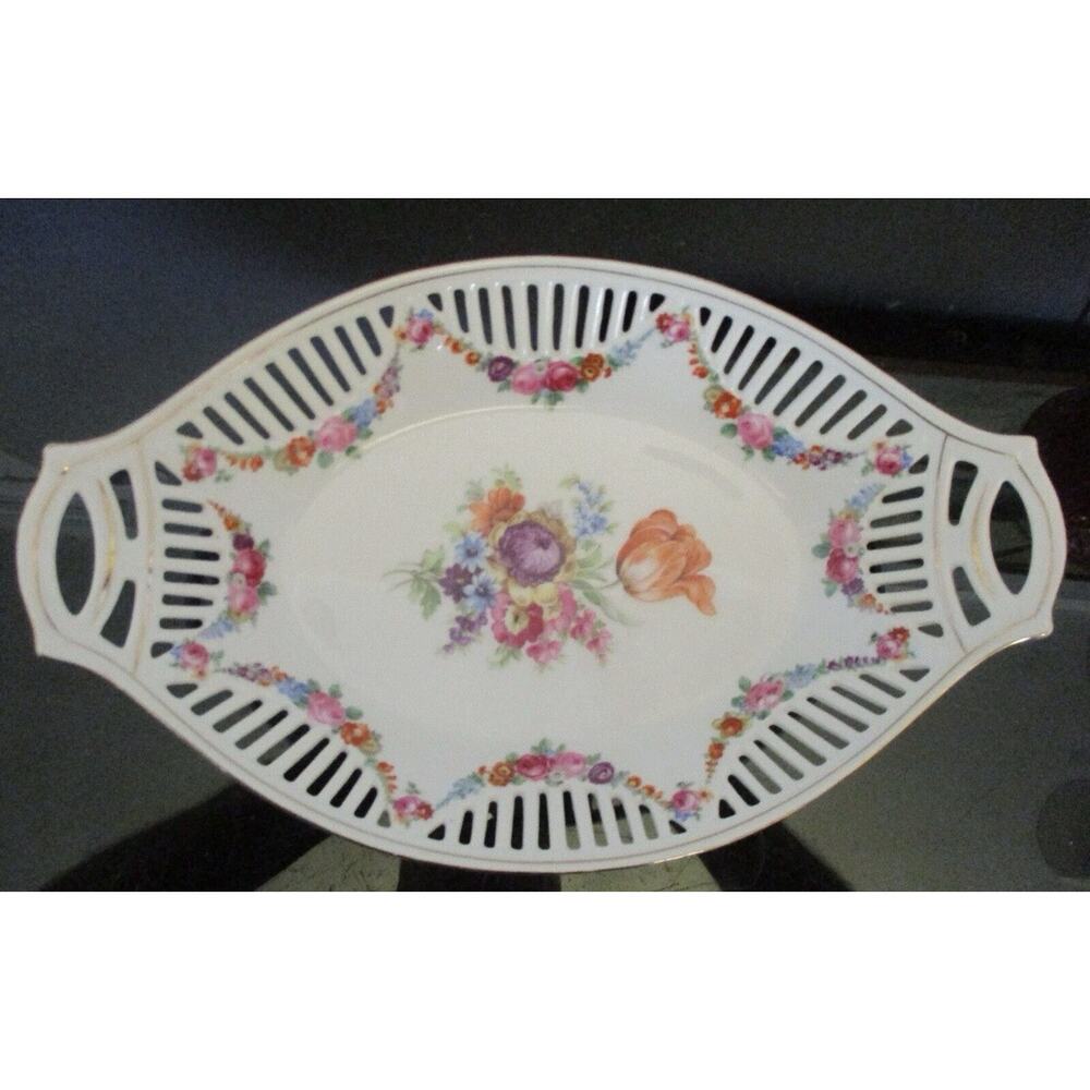 Antique German Dresden Floral Bavaria Reticulated Floral 12.5" Oval Serving Bowl